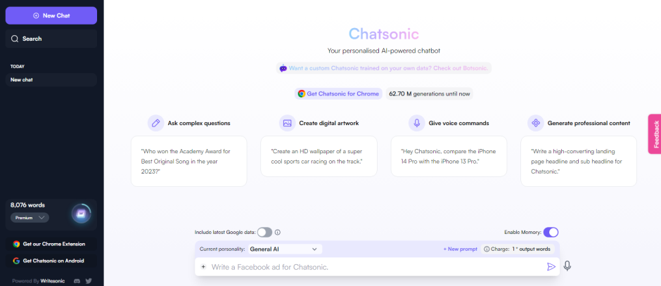 رابط کاربری Chatsonic