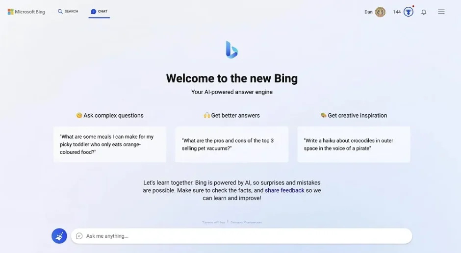 رابط کاربری Microsoft Bing Chat